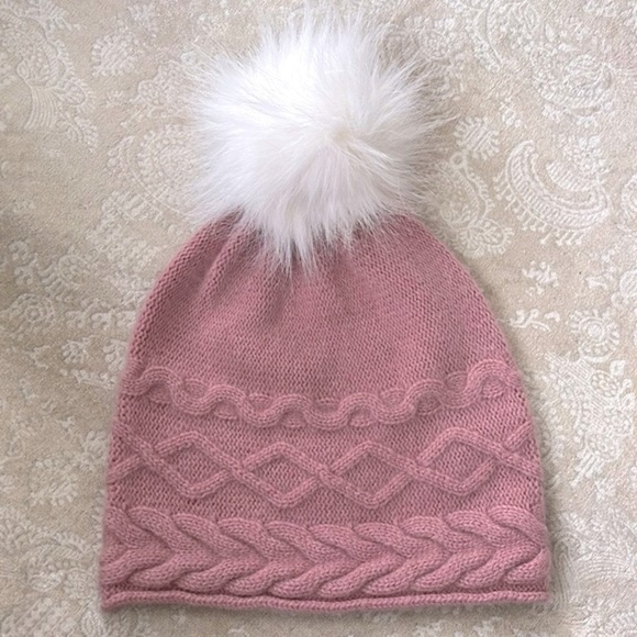 NWOT White Pine 100% Cashmere Mauve Pink Knit Beanie Hat w/ Faux Fur White Pom main image 12